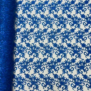 Royal Blue Floral Lace Fabric, by the yard - Embroidery With Sequins on a Mesh Lace Fabric For Gown, Wedding-Bridal