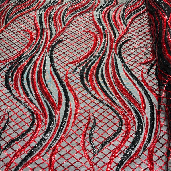 Sequins Fabric Two Tone Red - Black Geometric Design 4Way Stretch Sequin Fabric Black Mesh BTY