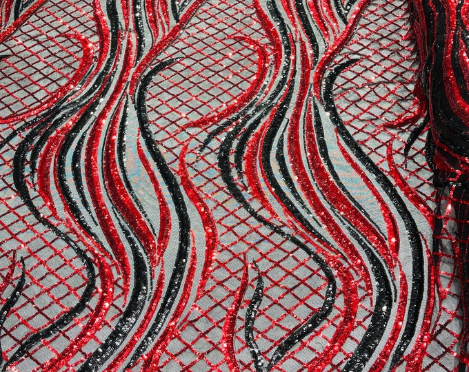 Sequins Fabric Two Tone Red - Black Geometric Design 4Way Stretch Sequin Fabric Black Mesh BTY