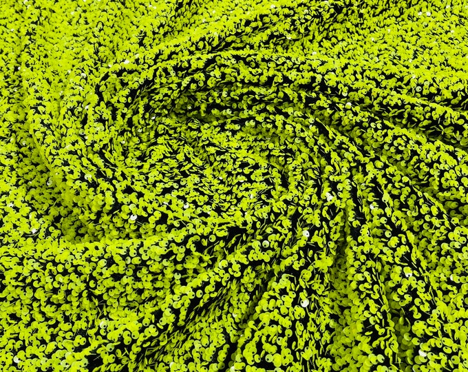 Lime Sequin on Black Stretch Velvet With Sequins all Over 5mm Sequins 2-way Stretch 58/60” (Choose The Quantity)