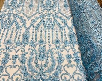 Mia’s Fabrics, Blue - Beaded Fabric - by the yard - Embroidered With Pearls and Beads on Mesh