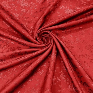Red Flower Brocade Jacquard Satin Fabric, Sold By The Yard Polyester Satin Floral Wide 58/60&quot;  (Choose The Quantity)