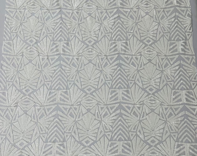 White 4 Way Stretch Geometric Sequins Emily Design Shiny Fabric on Mesh for Prom Gala Gown By The Yard