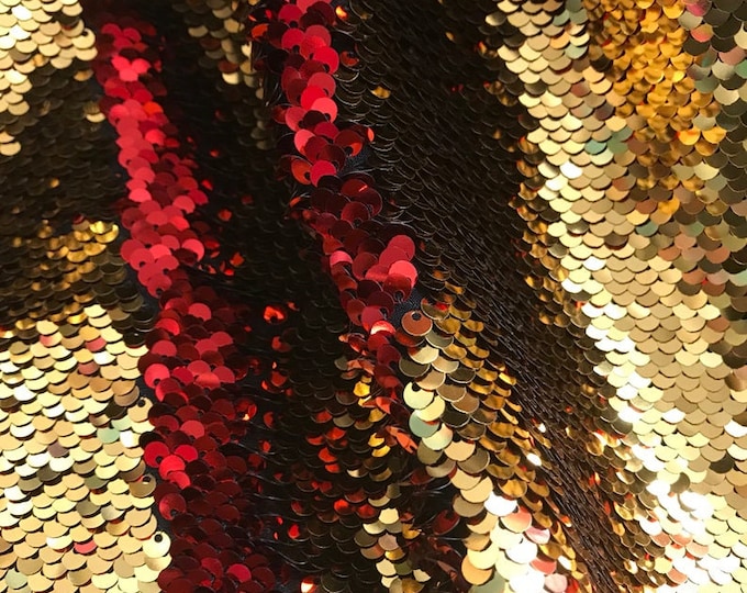 Red/Gold Flip Up Sequins Reversible, 2-Way Stretch 58/60” Sequins Fabric Dresses-Nightgowns-Prom Gown (Choose The Quantity)