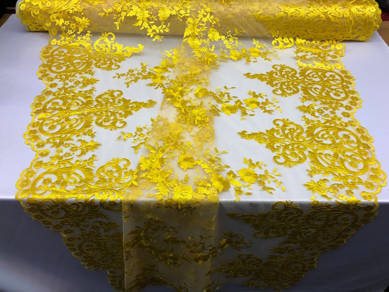 Yellow Damask Design Embroidered on Mesh Lace Fabric Floral Etsy