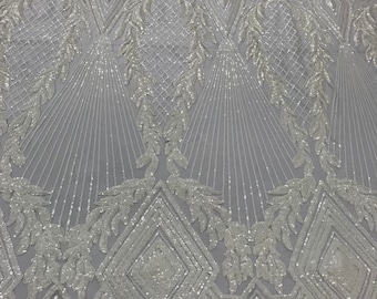 White Sequin Mesh Fabric – Geometric Diamond Design, 4-Way Stretch