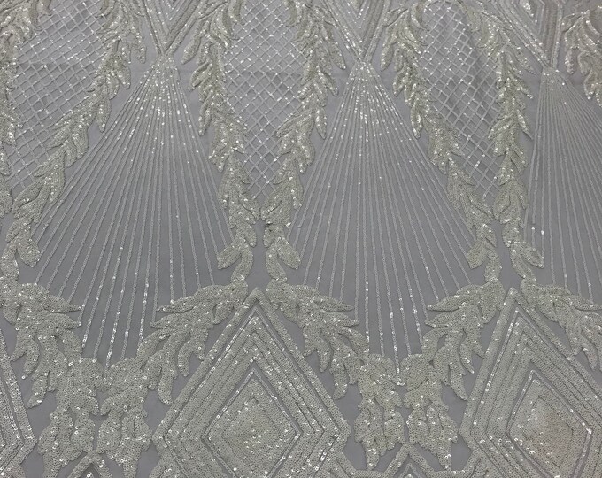 White Sequin - 4 Way Stretch Geometric Diamond Design on Mesh Fabric for Prom Gala Gown By The Yard