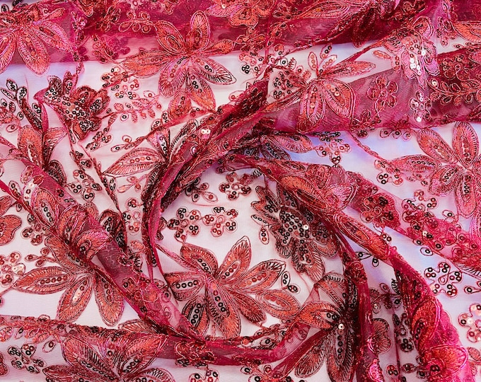 Burgundy Flower Design Embroidered With Sequins on a Mesh Lace Fabric, Floral Bridal Wedding by the Yard (Pick a Size)