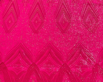 Hot Pink Geometric Sequins Fabric: 4-Way Stretch Prom Gown Material