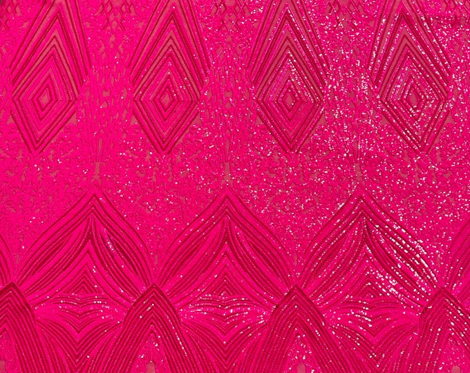 Hot Pink Sequins 4 Way Stretch Geometric Sequins - Nova Design Triangular Fabric for Prom Gala Gown Sold By The Yard