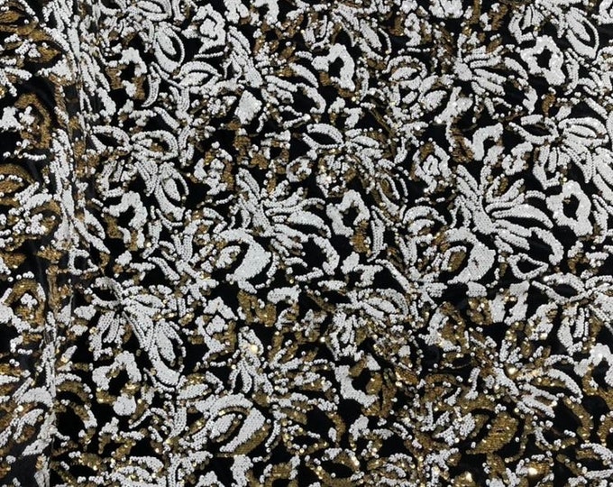 White/Gold Sequin Two Tone on Black Stretch Velvet, Reversible Sequins, Flip Sequins 2 Way Stretch (Choose The Quantity)