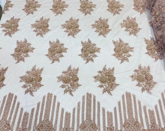Blush Mauve Beaded Floral Lace Fabric, Hand Embroidered Mesh Bridal Dress Fabric
