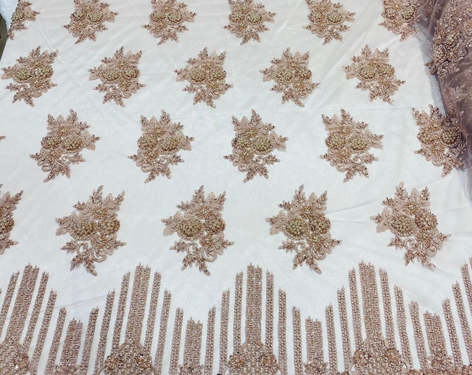 Blush Mauve Beaded Fabric, Hand Embroidered Lace Bridal Floral On a Mesh Dress Fabric with Beads By The Yard