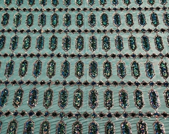 Hunter Green Sequins Fabric on a Mesh,  Jewel Design Embroidered on a Mesh 4 way Stretch Sequins Sold By Yard ( Choose The Size )