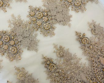 Champagne Beaded Floral Lace Fabric: Embroidered Sequin Mesh, Bridal Design