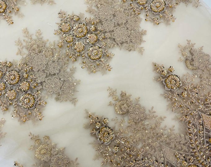 Champagne Embroidery Beaded Fabric With Sequin on a Mesh, JP Desing Beaded Fabric Floral Bridal Lace Fabric by the yard