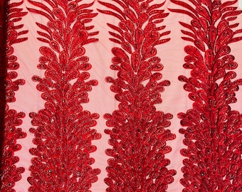 Red Beaded Peacock Feather Fabric: Embroidered Sequin Mesh, Prom Dress Panel