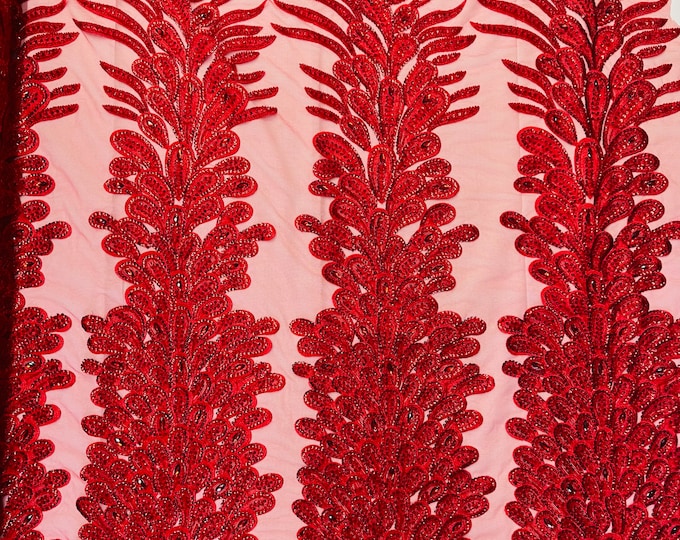 Red Beaded Peacock Feathers 3D Vegas Design with Embroidered Sequins and Beads On Mesh Lace Fabric for Prom Dress (Choose The Panels)
