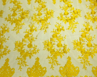 Yellow Embroidered Lace Fabric – Floral Damask Design, Scalloped Edge