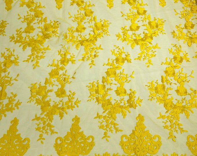 Yellow Bridal Lace - by the yard - Damask Design Embroidered on Mesh Lace Fabric, Floral Wedding Dress (Pick a Size)