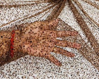 Brown Beaded Sequin Mesh Lace Fabric, Rain Design Embroidery By The Yard
