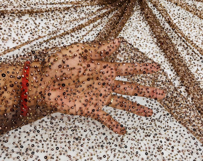 Brown Beaded Sequin Mesh Lace Fabric, Rain Design Embroidery By The Yard