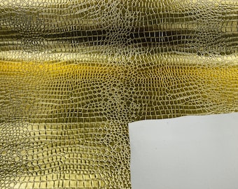 Metallic Gold Vinyl Faux Fake Leather Pleather Embossed Shiny Alligator Fabric Upholstery By Yard