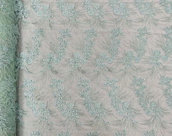 Mint Floral Sequined Lace Fabric: Embroidered Mesh, Bridal Gown