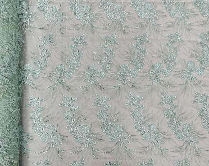 Mint Corded Floral Lace Fabric, by the yard - Embroidery With Sequins on a Mesh Lace Fabric For Gown, Wedding-Bridal