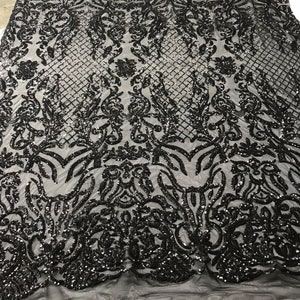 Black Sequin Embroidered a Mesh Spandex-Prom-Gown, 4 Way Stretch Sequin Fabric By The Yard