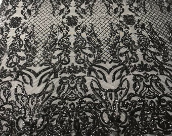 Black Sequin Embroidered a Mesh Spandex-Prom-Gown, 4 Way Stretch Sequin Fabric By The Yard