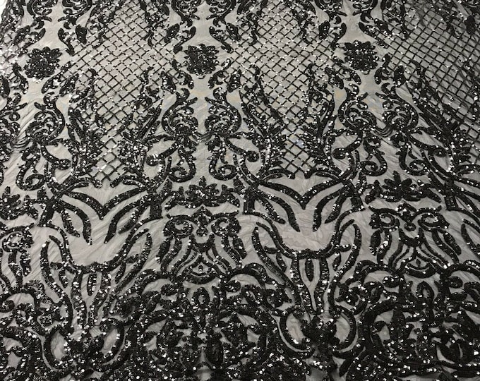Black Sequin Embroidered a Mesh Spandex-Prom-Gown, 4 Way Stretch Sequin Fabric By The Yard