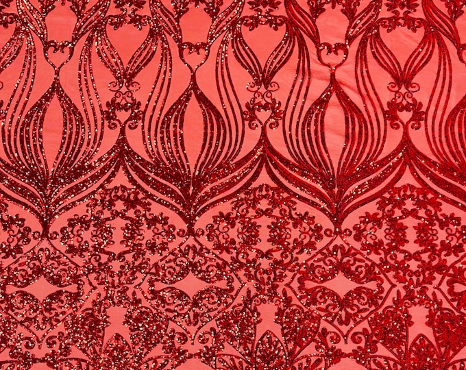 Red Sequin Fabric by the yard - Damask Design on a 4 Way Stretch Sequins Fabric Mesh-Prom-Gown