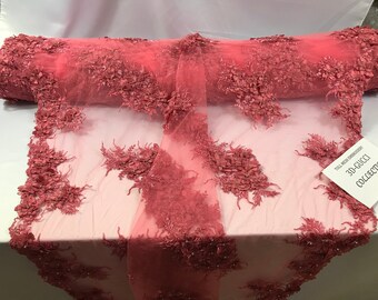 3D Floral Fabric, 3D Flower Coral - by the yard - Embroider With Rhinestones and Beaded On a Mesh Lace