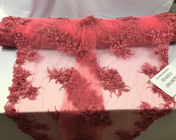 3D Floral Fabric, 3D Flower Coral - by the yard - Embroider With Rhinestones and Beaded On a Mesh Lace
