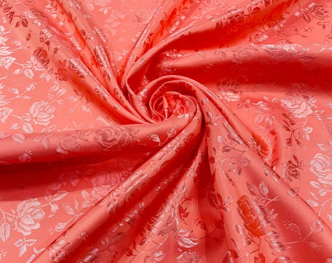Coral Flower Brocade Jacquard Satin Fabric: 58/60" Wide Polyester