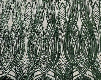 Hunter Green Sequins Fabric | 4 Way Stretch Fancy Big Damask Design Sequins on Spandex Mesh Prom Gala Gown Fabric By The Yard