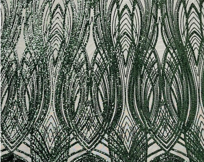 Hunter Green Sequins Fabric | 4 Way Stretch Fancy Big Damask Design Sequins on Spandex Mesh Prom Gala Gown Fabric By The Yard