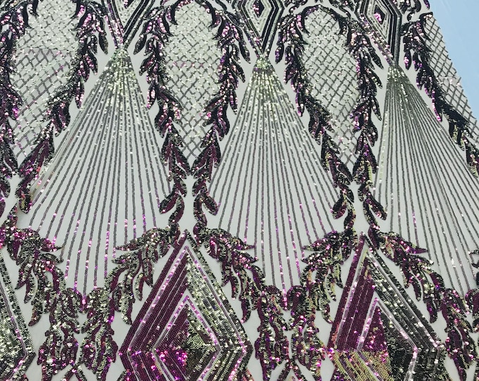 Iridescent Purple Sequin - 4 Way Stretch Geometric Diamond Design on Mesh Fabric for Prom Gala Gown By The Yard