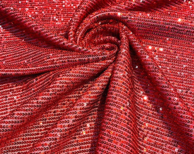 Red Mille Striped Stretch Sequins | by the yard | Lace 4 Way Mesh-Prom-Gown | Wedding Couture Fabric | Sequin Fabric