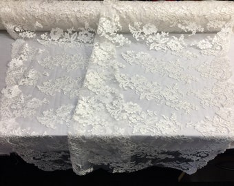 Ivory Flower Design Embroidered on Mesh Lace Fabric, Floral Bridal Lace Wedding Dress by the Yard (Pick a Size)