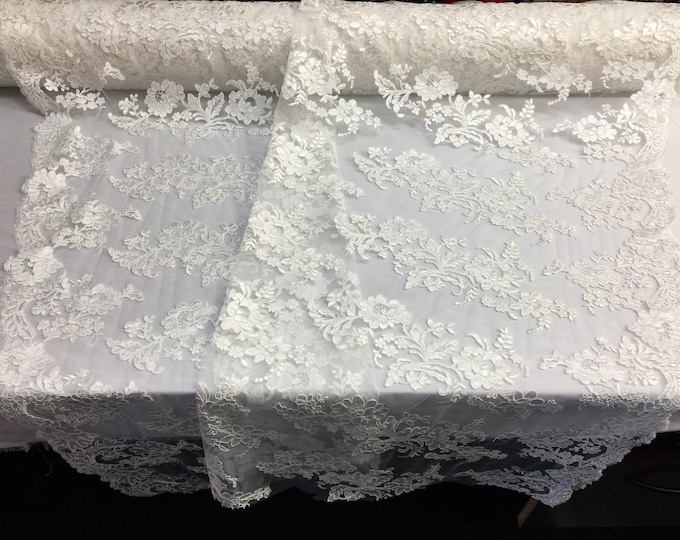 Ivory Flower Design Embroidered on Mesh Lace Fabric, Floral Bridal Lace Wedding Dress by the Yard (Pick a Size)