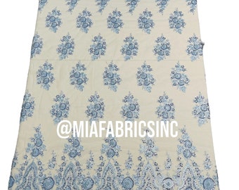 Baby Blue Beaded Embroidered Lace Fabric: Bridal Wedding Design By Yard
