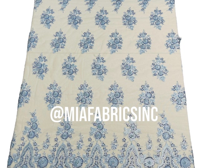 Baby Blue Beaded Fabric Embroidered on a Mesh | Fashion Design Beads and Sequins | Beaded Lace | Beaded Wedding | Bridal Lace Fabric By Yard
