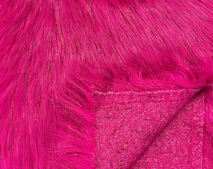 Fuchsia Tinsel Shaggy Long Pile Faux Fur Fabric By The Yard, Luxury Shaggy With Metallic Tinsel Strands, Costume, Apparel, Decoration 60" Wi