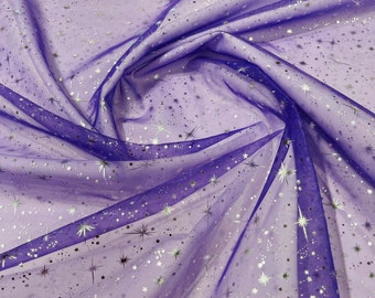 Foil Stars Silver On Purple Sheer Organza Sold by the Yard, 60" Wide - Organza Fabric For Dresses, (Pick a Size)