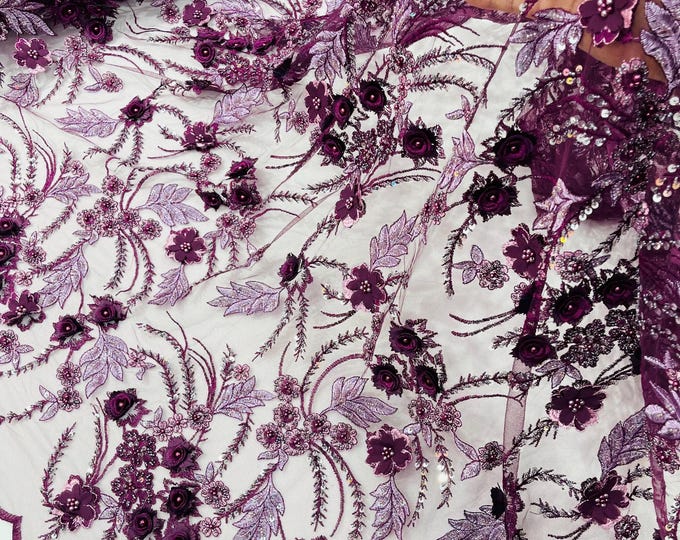 Plum Silver 3D Floral Beaded Lace Fabric: Beaded Sequins on a Mesh, Apparel-Prom - By The Yard