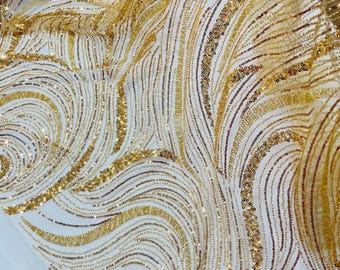 Gold Beaded Lace Fabric: Embroidered Mesh, Bridal Wedding Dress - Fashion Beaded