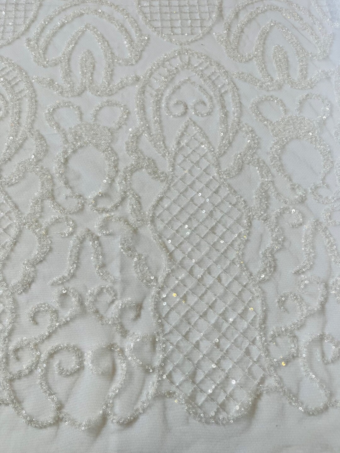 White Beaded Fabric by the Yard Bridal Wedding Beaded Damask Etsy