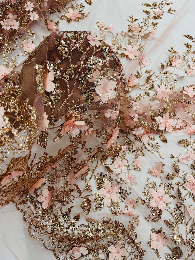 Rose Gold 3D Flower Glitter Sequin Fabric by the Yard, 3D Floral ...